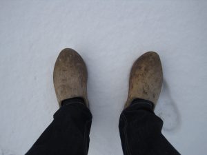 Wooden shoes in winter